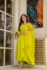 Lime Green Cotton Embroidered Kurti Pant And Dupatta Set
